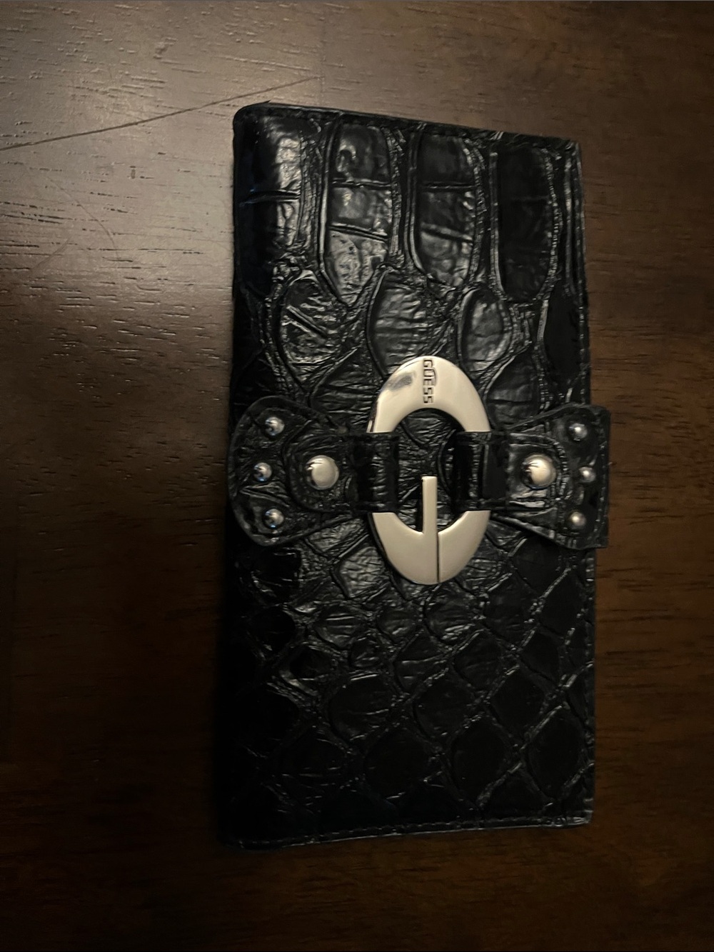 Guess Croc-Embossed Black Wallet with Silver Accent